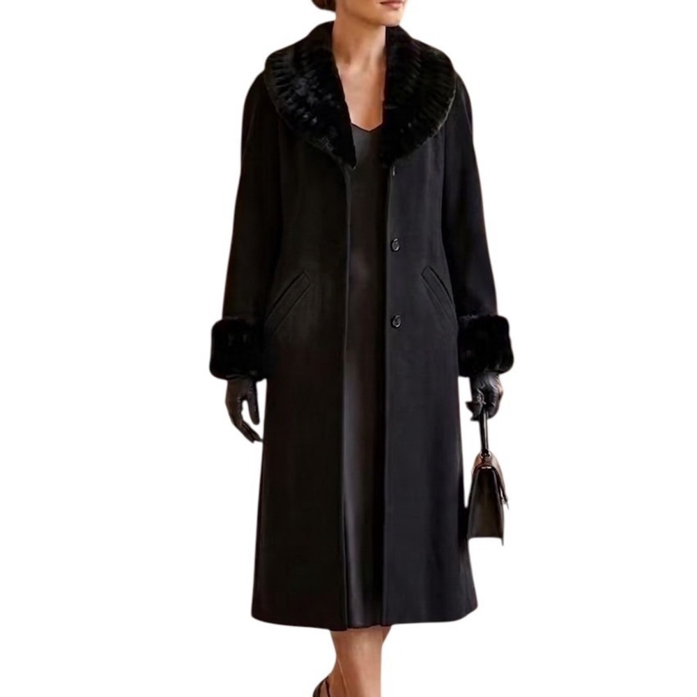 Vintage Midnight Velvet Black 80% Lambswool Faux Fur Maxi Longline Coat Women 1X
